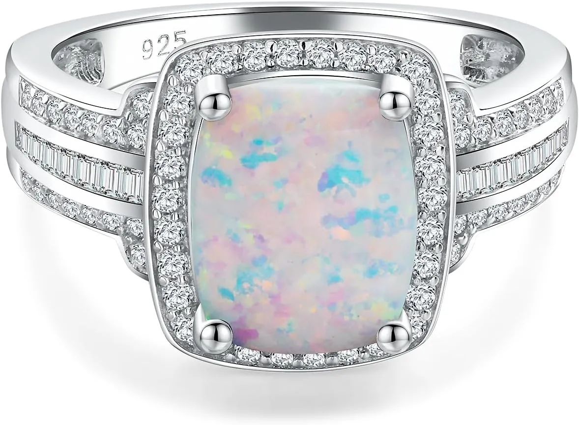 Womens Engagement Ring 925 Sterling Silver Oval Elongated Cushion Cut Sapphire/Ruby/Emerald/Opal Gemstone Anniversary Statement Cocktail Halo Ring Size 6 to 10 (with Gift Box)
