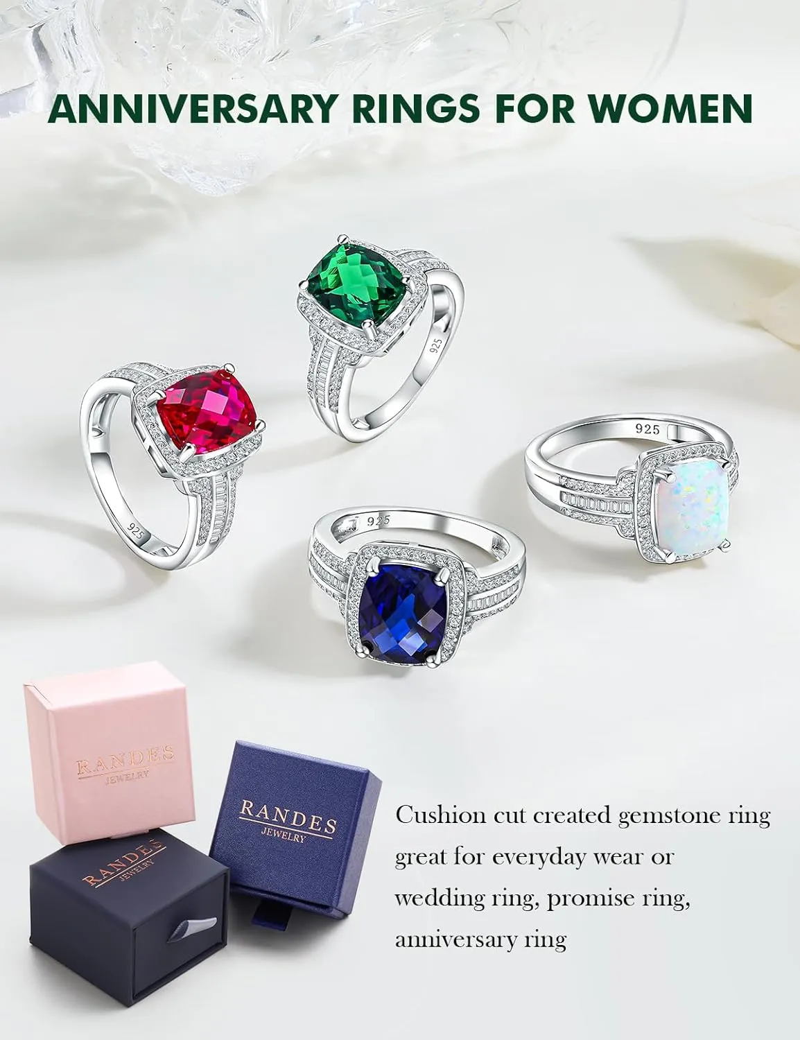 Womens Engagement Ring 925 Sterling Silver Oval Elongated Cushion Cut Sapphire/Ruby/Emerald/Opal Gemstone Anniversary Statement Cocktail Halo Ring Size 6 to 10 (with Gift Box)