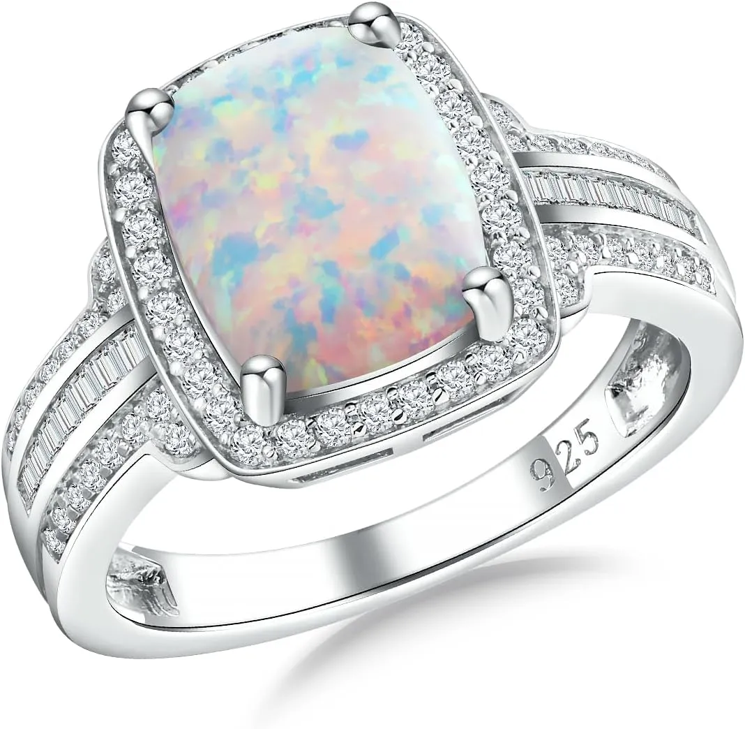Womens Engagement Ring 925 Sterling Silver Oval Elongated Cushion Cut Sapphire/Ruby/Emerald/Opal Gemstone Anniversary Statement Cocktail Halo Ring Size 6 to 10 (with Gift Box)