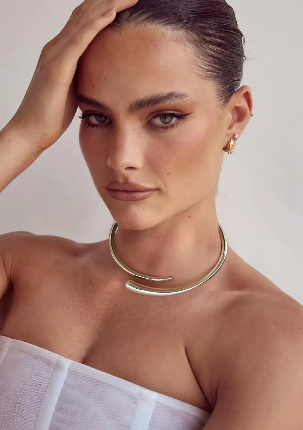 WOWORAMA Chunky Choker Collar Necklace for Women Gold Silver Teardrop Choker Necklace Spring Open Cuff Necklace Metal Statement Necklace